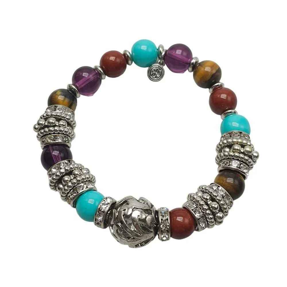 RJ Graziano Blue Faux Turquoise Multicolor Glass Beads Stretch Bracelet Vintage